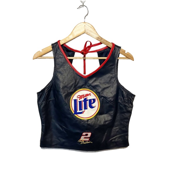 Nascar Tops - Nascar Dusty Wallace 100% Leather Miller Lite Sleeveless Top Womens Plus Size 2X